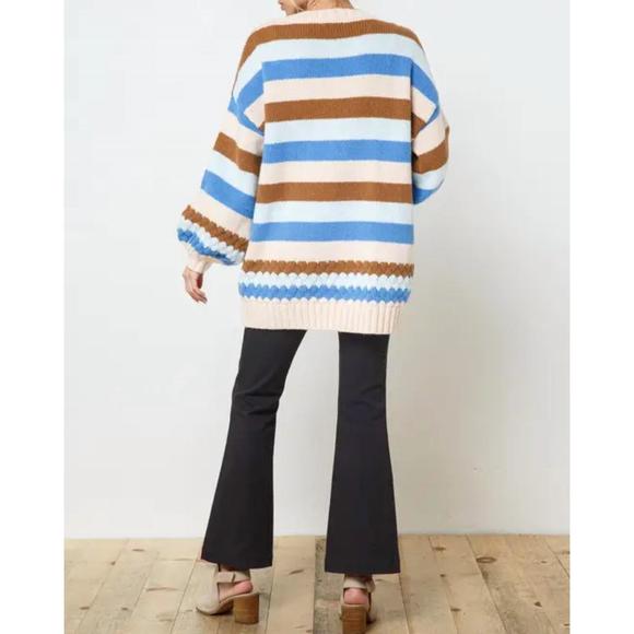 NEW BESTTO multicolor striped open-front cardigan in blue/cream/brown/light blue - Picture 2 of 2